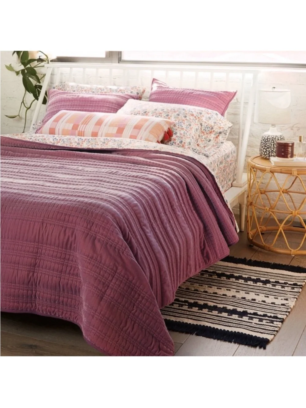 Decorative Pink & Peach Checklum Lumbar Pillow with Tassels . 14” x 36” Boho